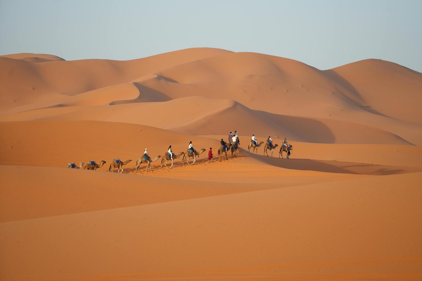 A group on a camel trek at sunset through the golden Erg Chebbi sand dunes, a key experience on Sahara desert trips from Marrakech, Morocco.
