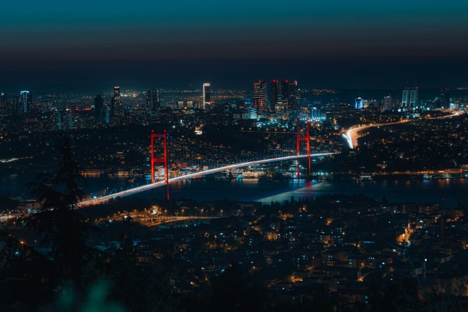 Vibrant panoramic view of Istanbul, Europe's biggest city by population, spanning the Bosphorus Strait and highlighting its vast urban landscape as a transcontinental hub.