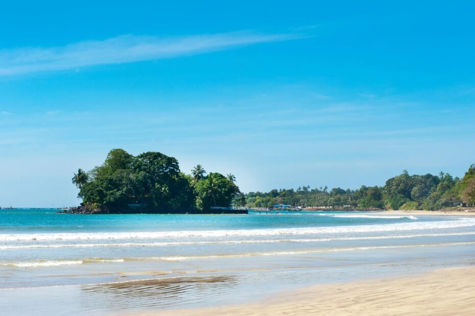 A picturesque sunny beach in Sri Lanka with golden sand, clear turquoise water, and lush palm trees, illustrating the best season to travel to Sri Lanka for an ideal tropical holiday and good weather.