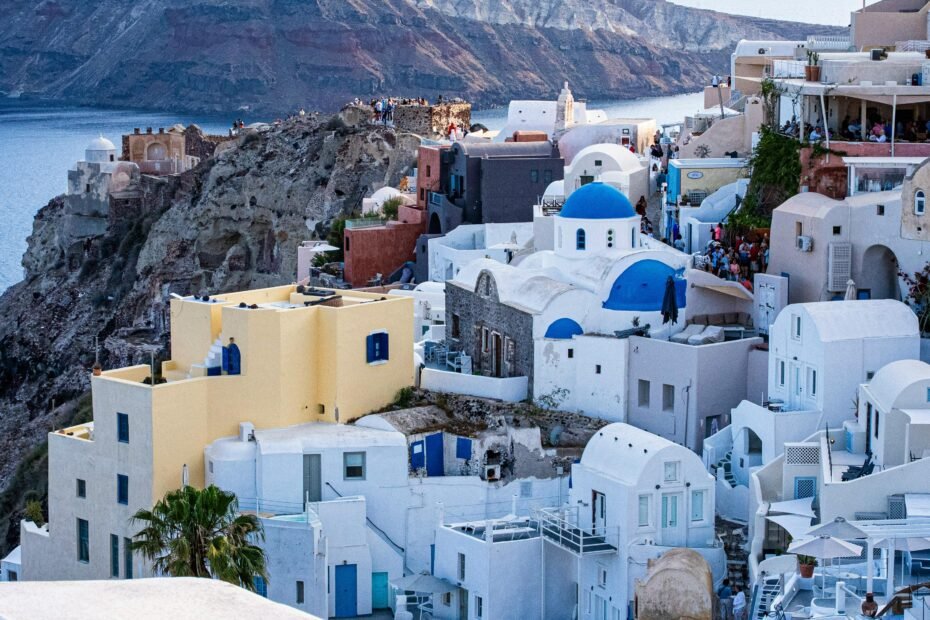 Classic 10-day Greece travel itinerary featuring iconic landmarks: Athens Acropolis, Mykonos windmills, and Santorini caldera sunset.
