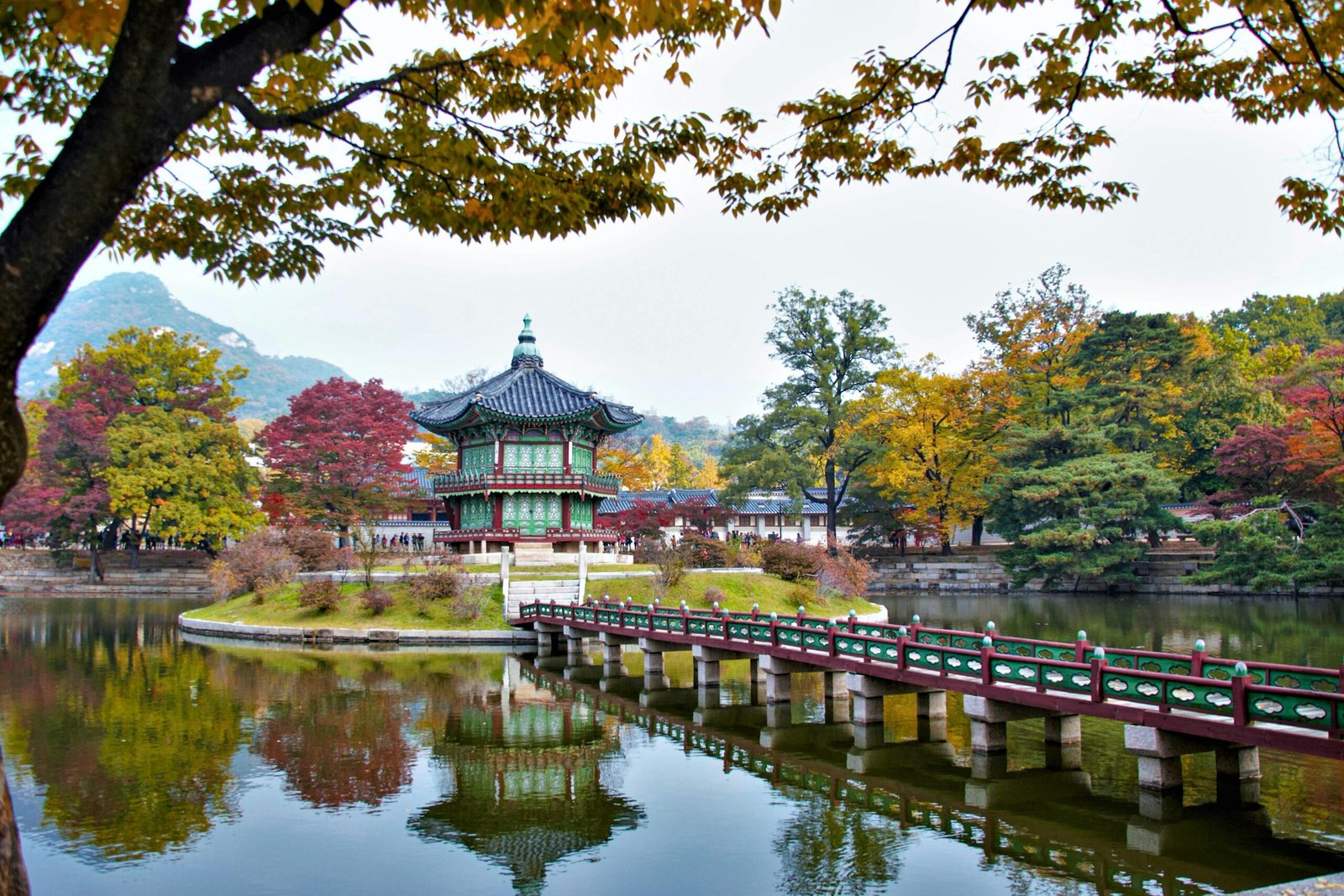 Scenic South Korean landscape adorned with vibrant autumn foliage and traditional buildings, representing the best time to visit for picturesque scenery.