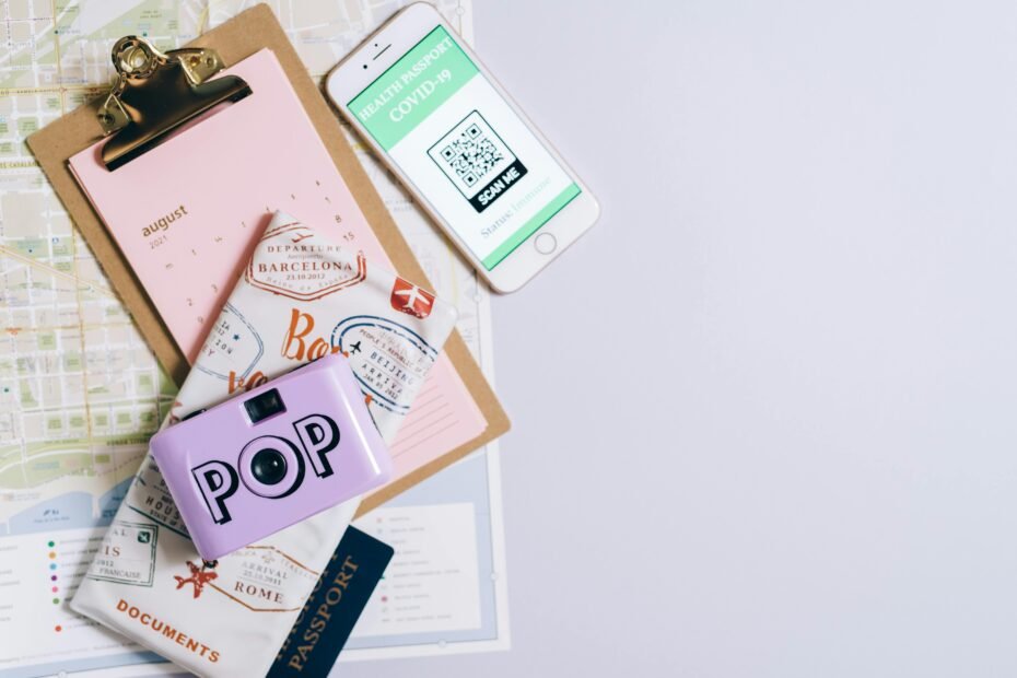 Travel-sized cologne bottle displayed with a passport and travel essentials on a flat lay, highlighting portable fragrance for men's travel and TSA-friendly packing tips.