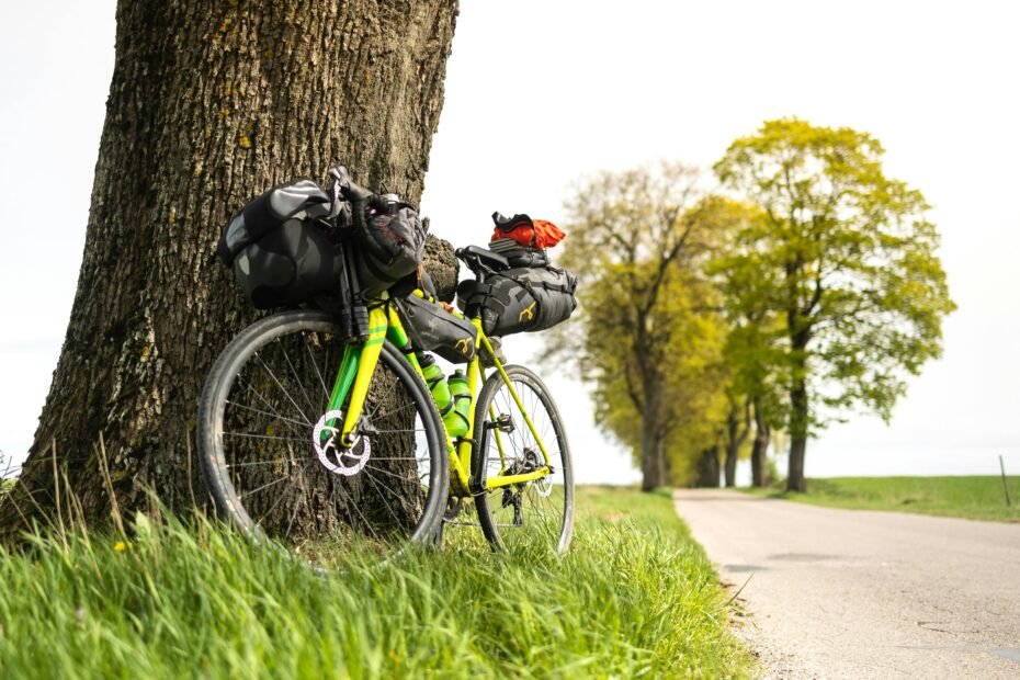 A modern bicycle loaded with essential travelling bags for bike, including panniers, a large saddle bag, and a frame bag, set on a scenic bikepacking route. This image highlights optimal bike luggage solutions for adventure cycling and comfortable multi-day bike touring.