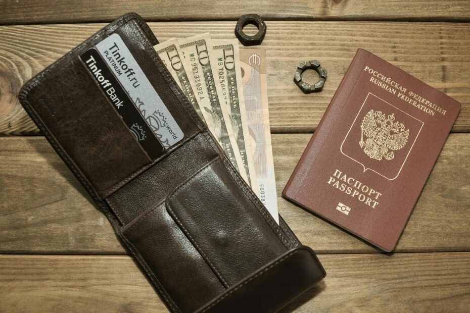 Modern travel wallet organized with passport, credit cards, and cash, highlighting secure document management for international travel.