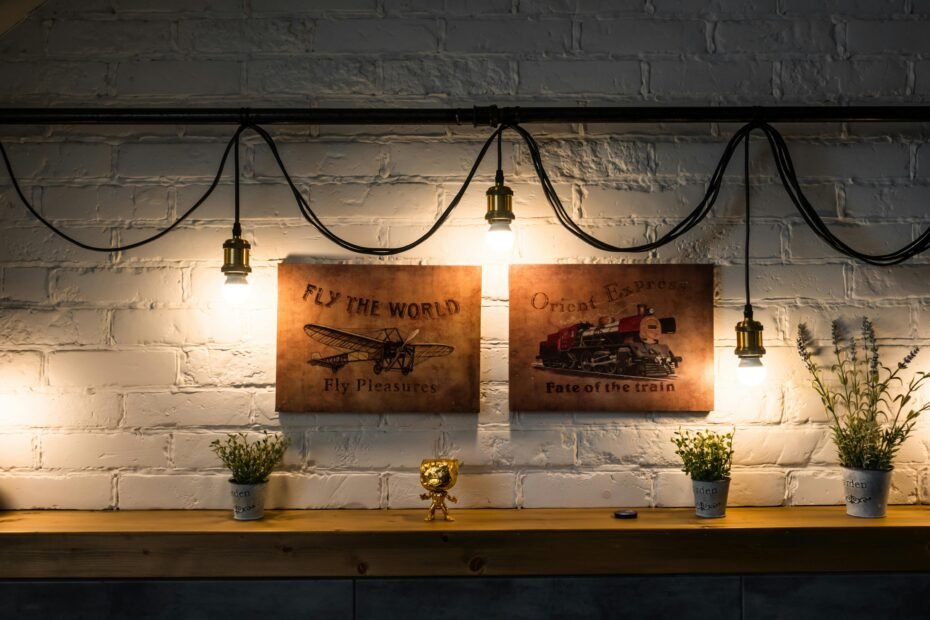 A stylish gallery wall adorned with framed vintage travel posters in Art Deco, Mid-Century Modern, and Swiss Style, illustrating retro travel art for sophisticated home decor and inspiring wanderlust from the Golden Age of travel.