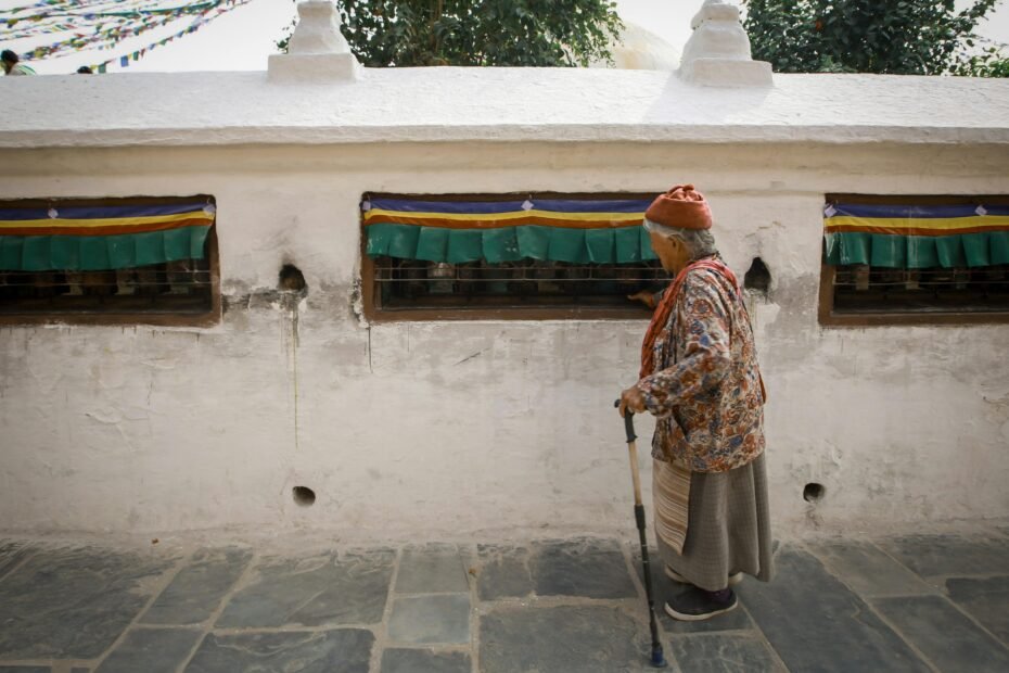 Peaceful traveler walking on a path, looking towards a bright horizon, symbolizing spiritual guidance, divine protection, and inner calm for a journey, inspired by comforting travel scriptures.