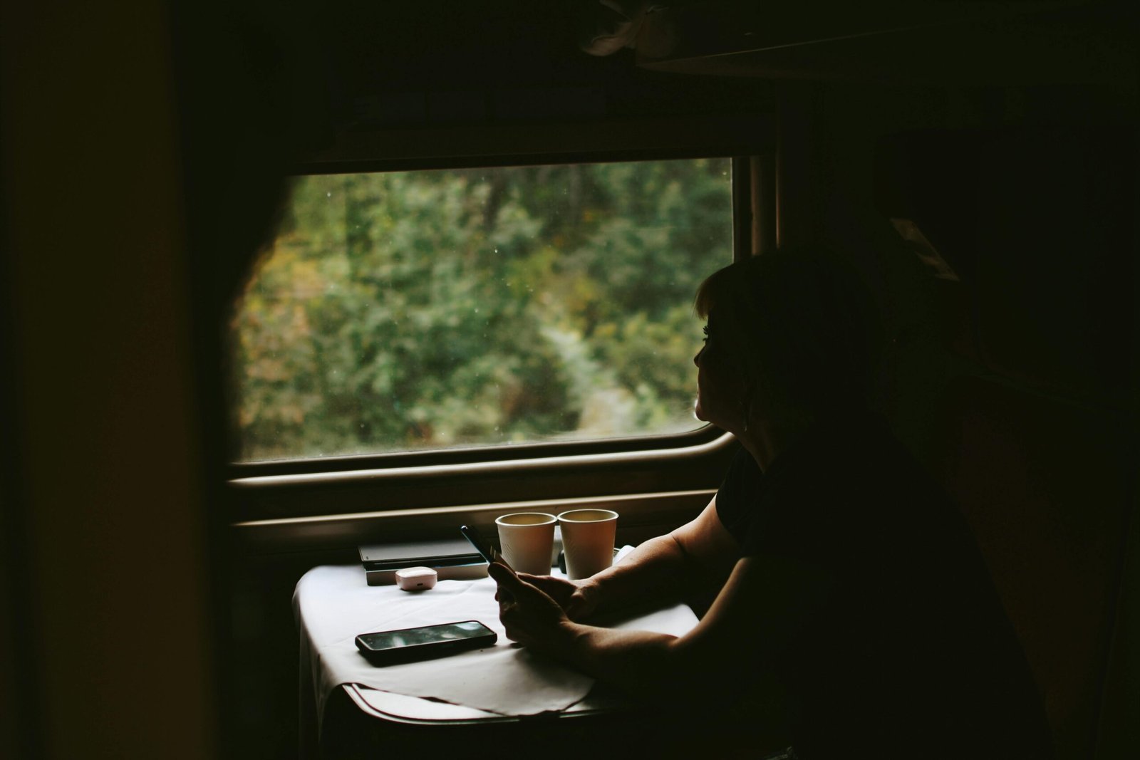 Panoramic view from a modern train window of the scenic UK coastline, illustrating a comfortable and direct rail journey from Edinburgh Waverley to London King's Cross.