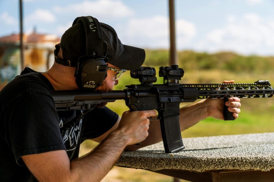 A .22 Long Rifle (LR) being handled responsibly at an outdoor range, visually representing the bullet's maximum travel distance and the importance of firearm safety.