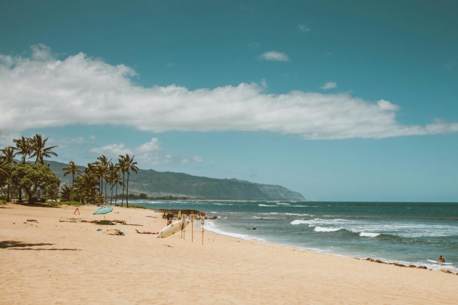 Idyllic Hawaiian beach scene with clear blue water and sunny skies, representing the ideal time to visit Hawaii for perfect weather, fewer crowds, and better prices.